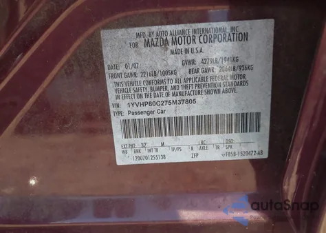 2007 Mazda Mazda6 I Sport Ve from USA, damaged, VIN 1YVHP80C275M37805